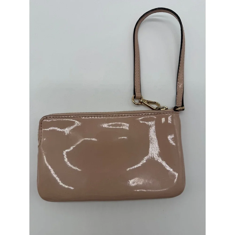 Michael‎ Kors Beige Patent Leather Wristlet Gold Logo Zip Clutch Bag